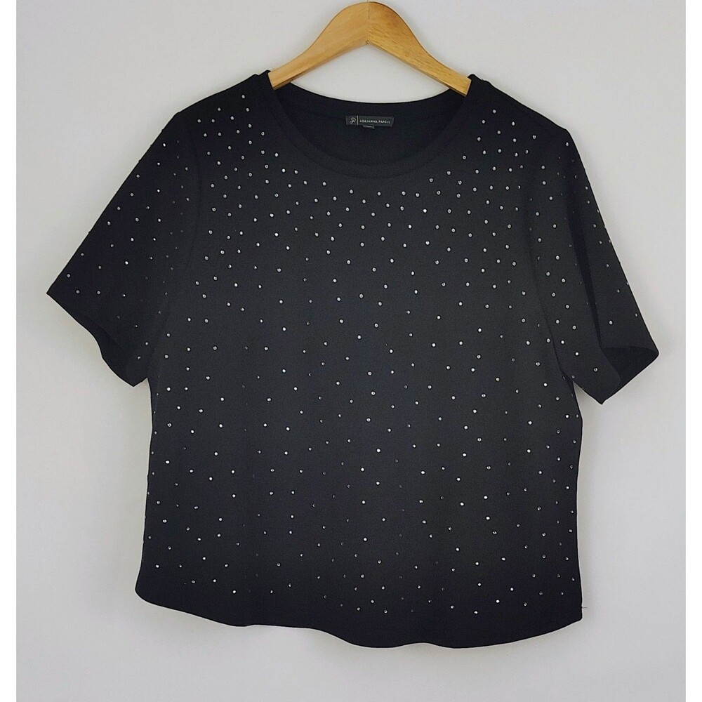 Adrianna Papell Women Loose Fit Short Sleeve Pullover Black Sequins Top L Gothic